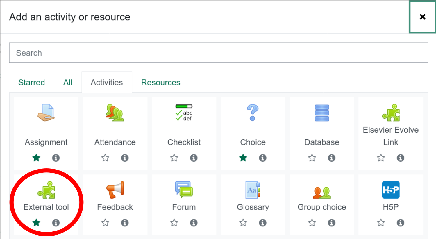 Screenshot: Adding an External Tool in Moodle