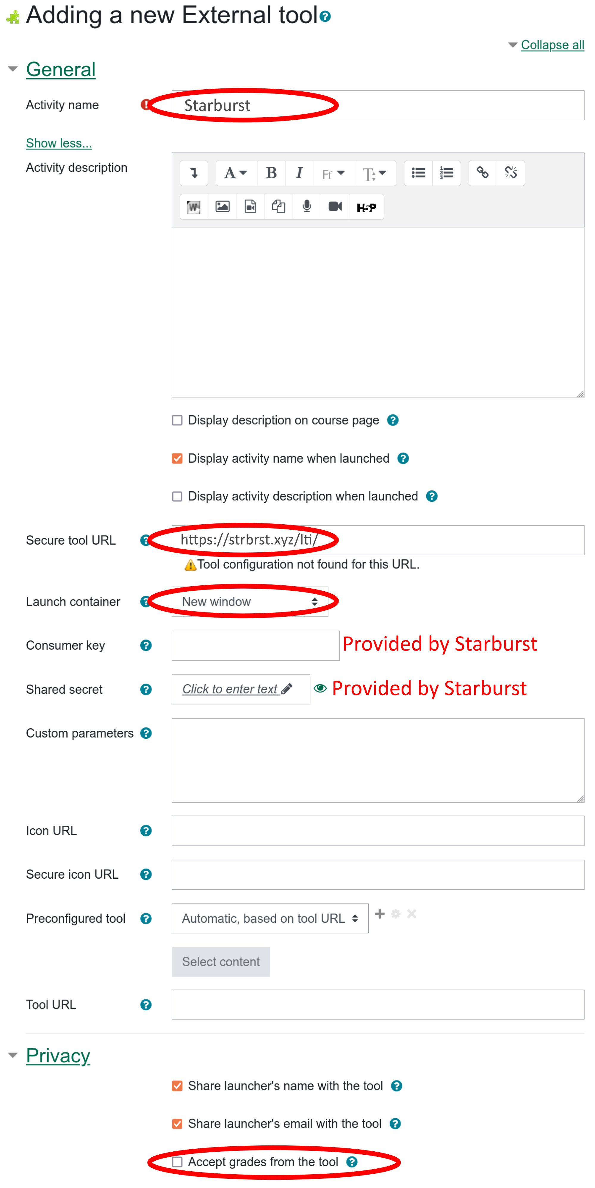 Screenshot: External tool creation screen, highlighting settings to change